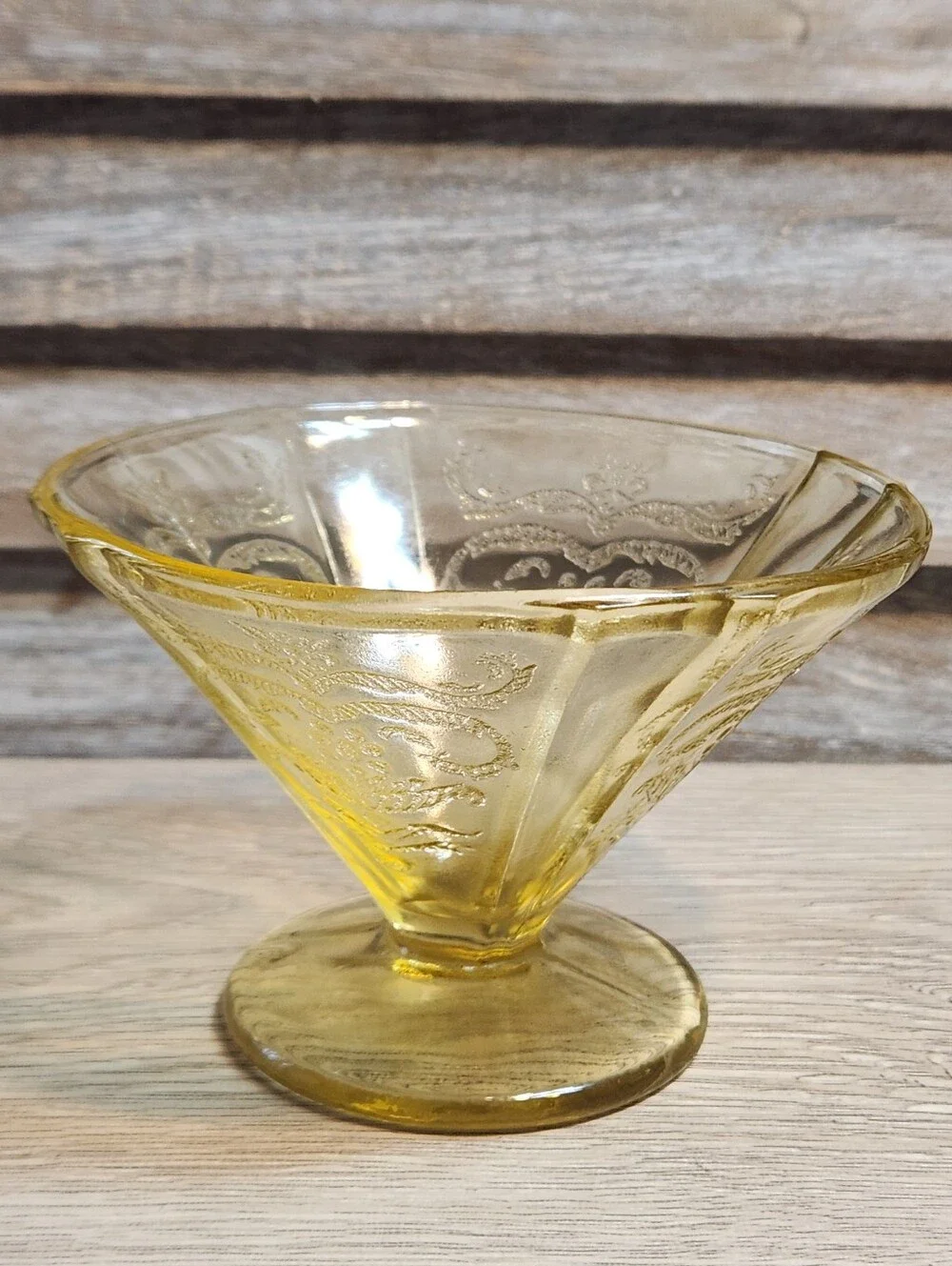 Federal Glass Madrid Pattern Yellow Amber Depression Glass Sherbet Dish